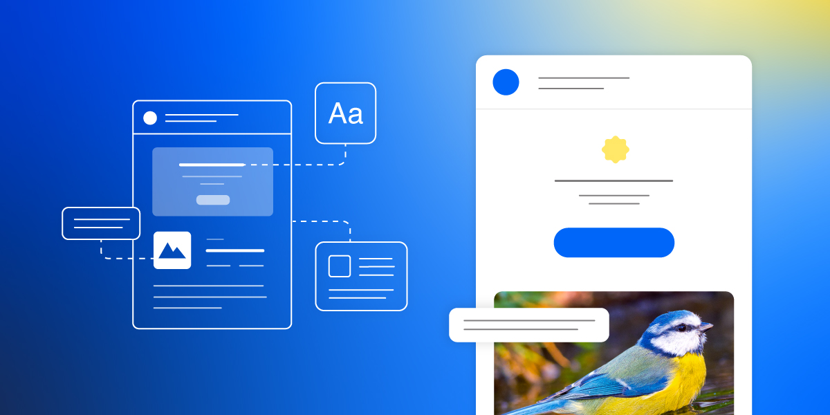 Diagram illustrating email accessibility best practices, including adjustable text size controls, proper image descriptions, and clear button design alongside a colorful bird photo demonstrating descriptive alt text implementation