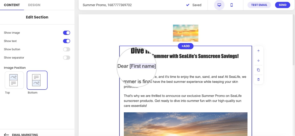 Screenshot of email marketing platform's content editor displaying a promotional email for SeaLife sunscreen with "Dear [First name]" salutation placeholder and toggle options for showing image, text, button, and separator elements