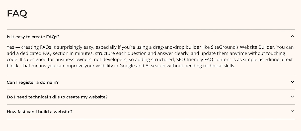 Example of an FAQ section on a website built by SiteGround Website Builder