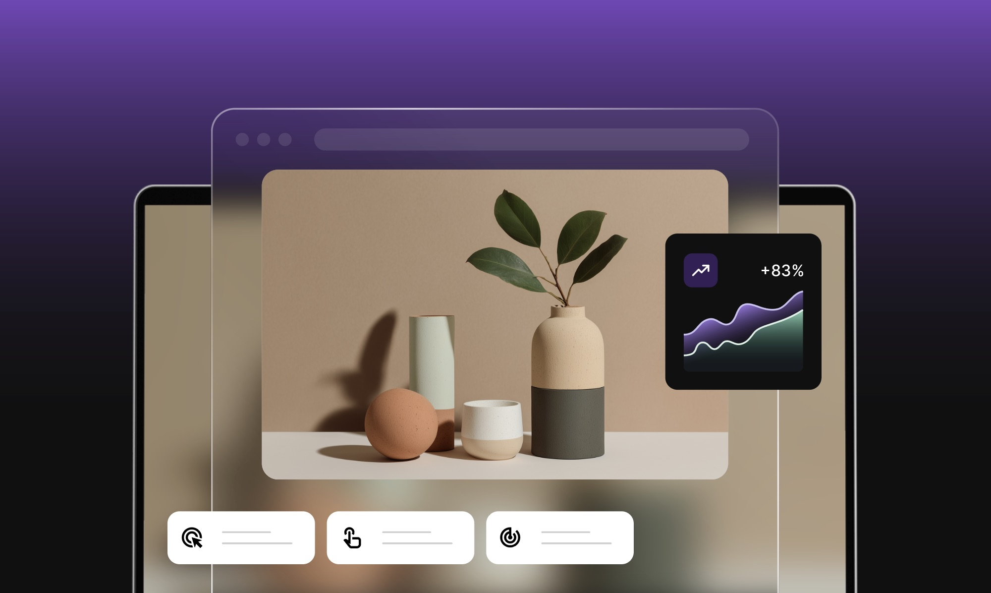 A product page displaying ceramic vases and decorative objects with a browser overlay and a growth chart showing +83% increase in email click-through rate