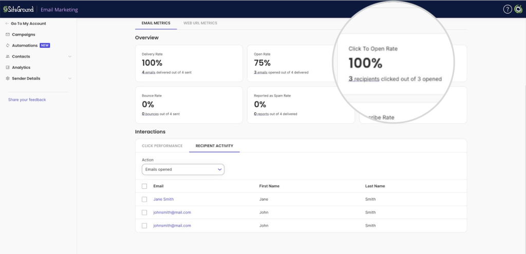 SiteGround Email Marketing dashboard highlighting 100% click-to-open rate, alongside delivery rate, open rate, bounce rate, and recipient activity data @keyframes bannerSlideUp { from { opacity: 0; transform: translateY(8px); } to { opacity: 1; transform: translateY(0); } } Next time, try this in CoworkHand off complex tasks for Claude to handle independently. Come back to finished results.Get desktop appGet desktop app
