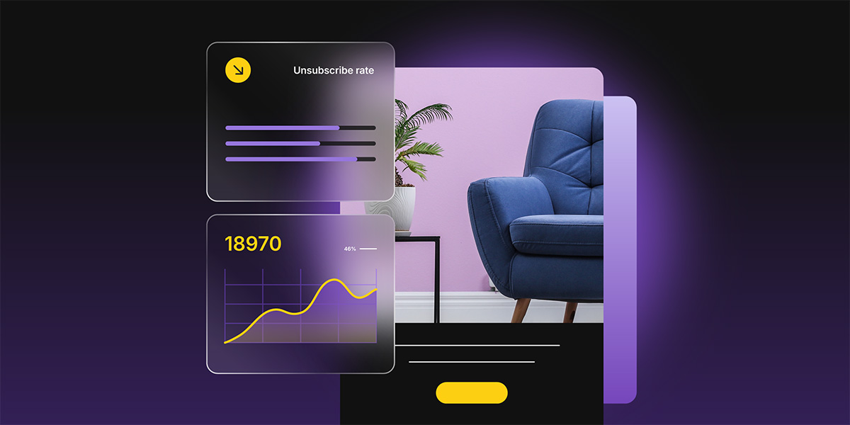 Dashboard showing a declining unsubscribe rate and subscriber growth chart next to a furniture product photo