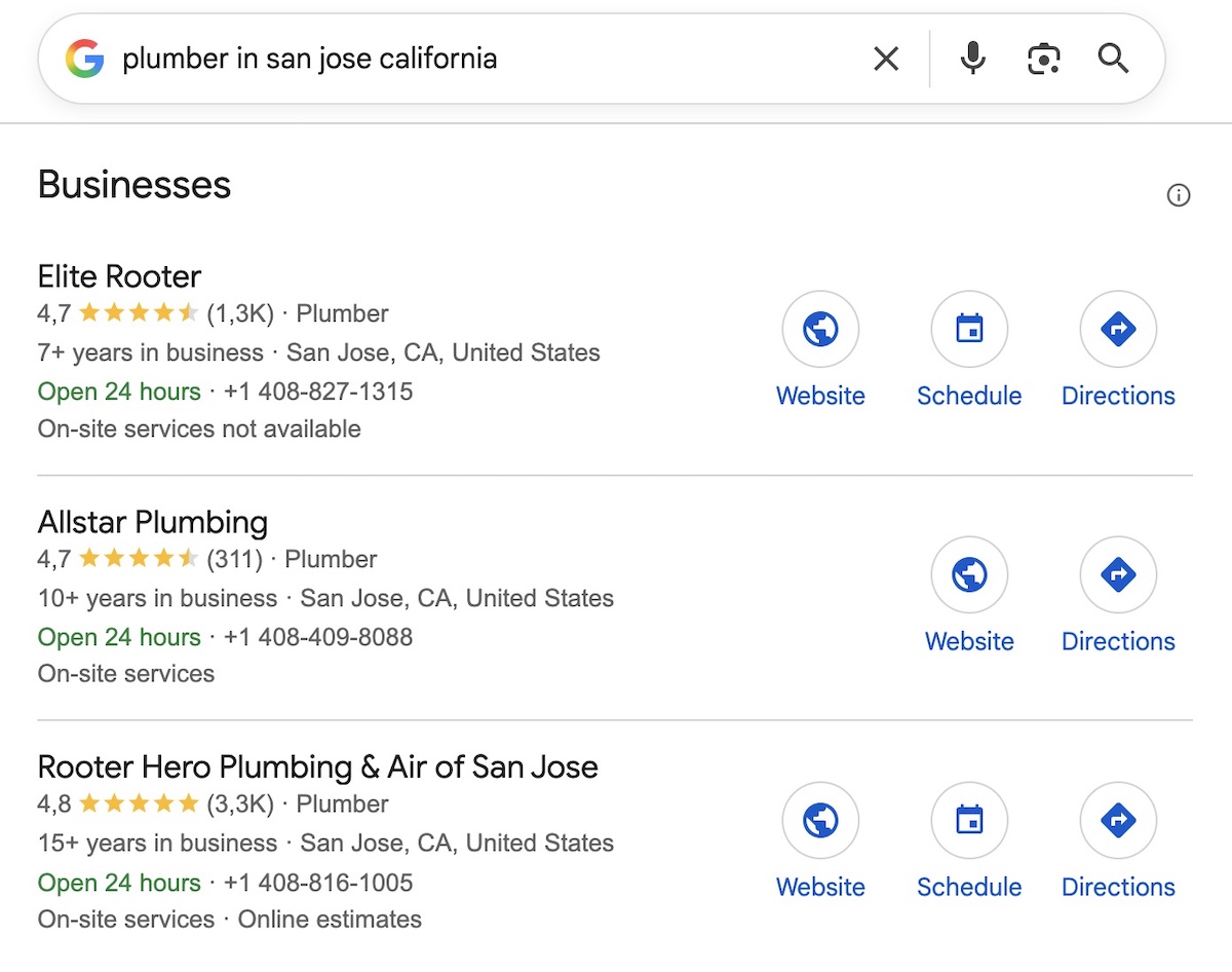 Example of a local search on Google