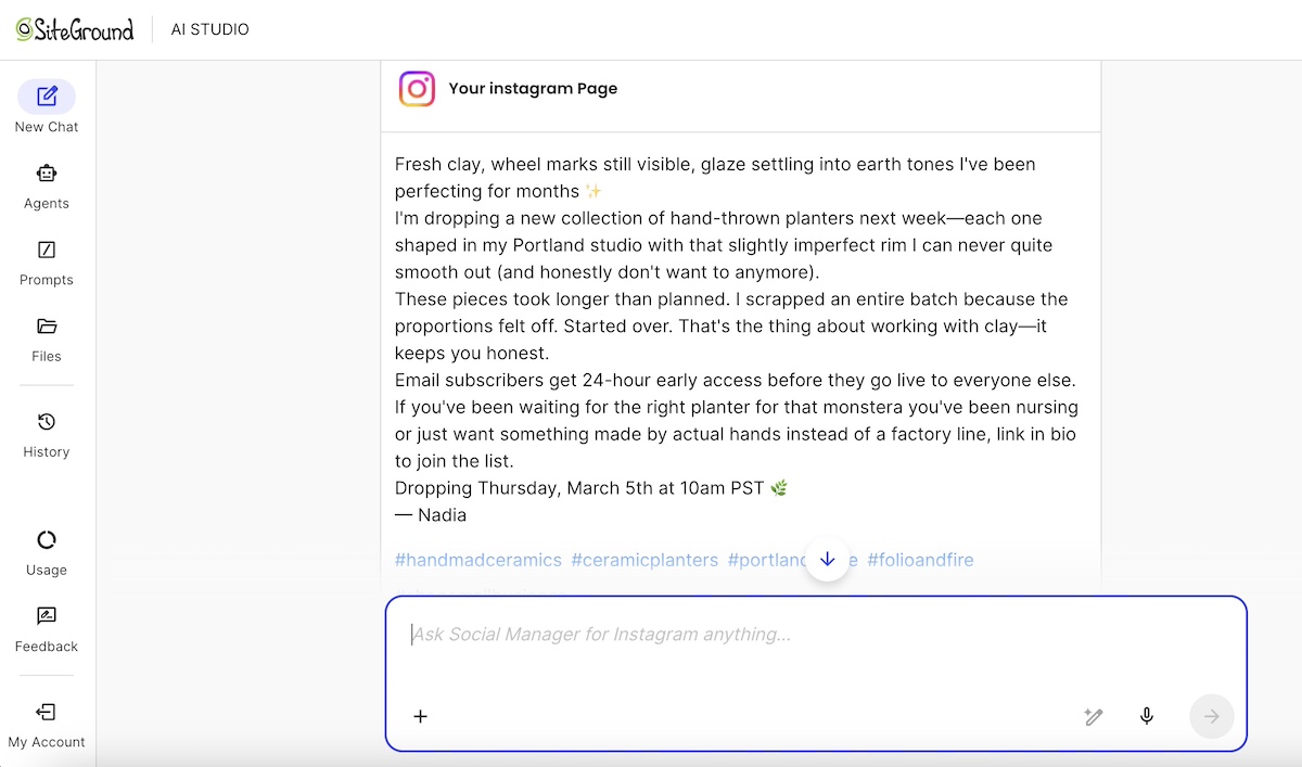 Instagram post made with a prompt and the Instagram Manager via SiteGround AI Studio