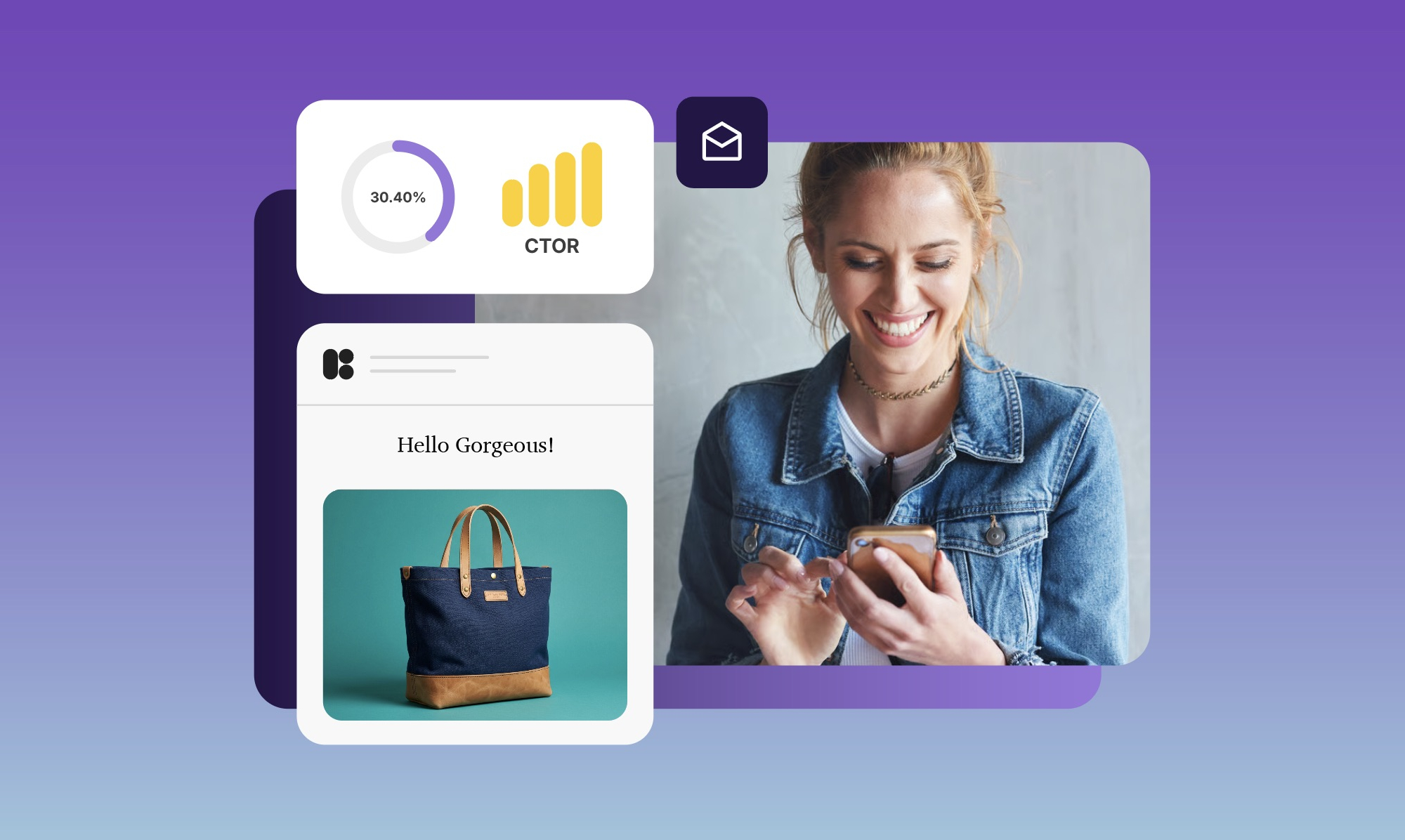 A woman smiling at her phone next to an email campaign dashboard showing a 30.40% click rate and 94% open rate, with a promotional email featuring a tote bag.