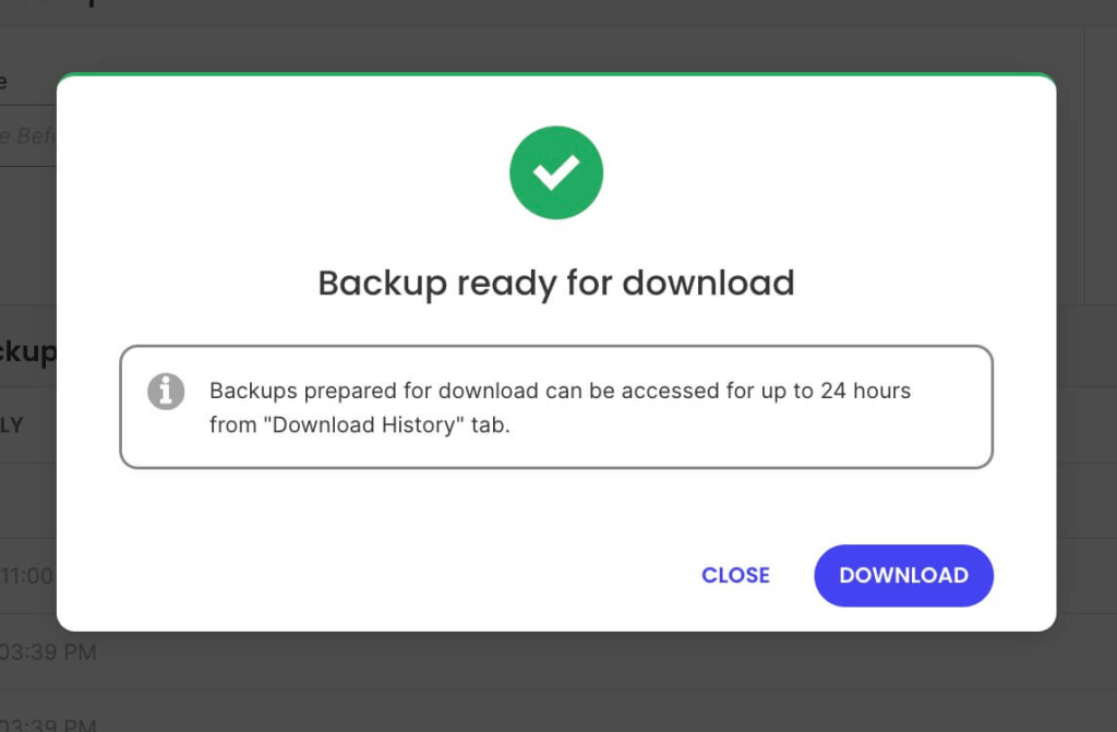 Popup confirmation showing “Backup ready for download” with a notice about 24-hour availability and a Download button.