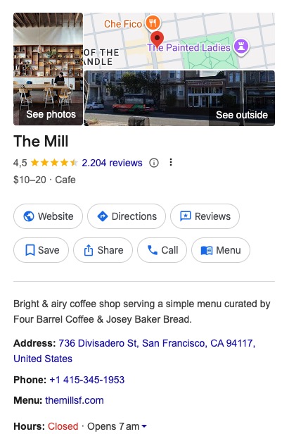 Example of a Google Business Profile as it shows up in search