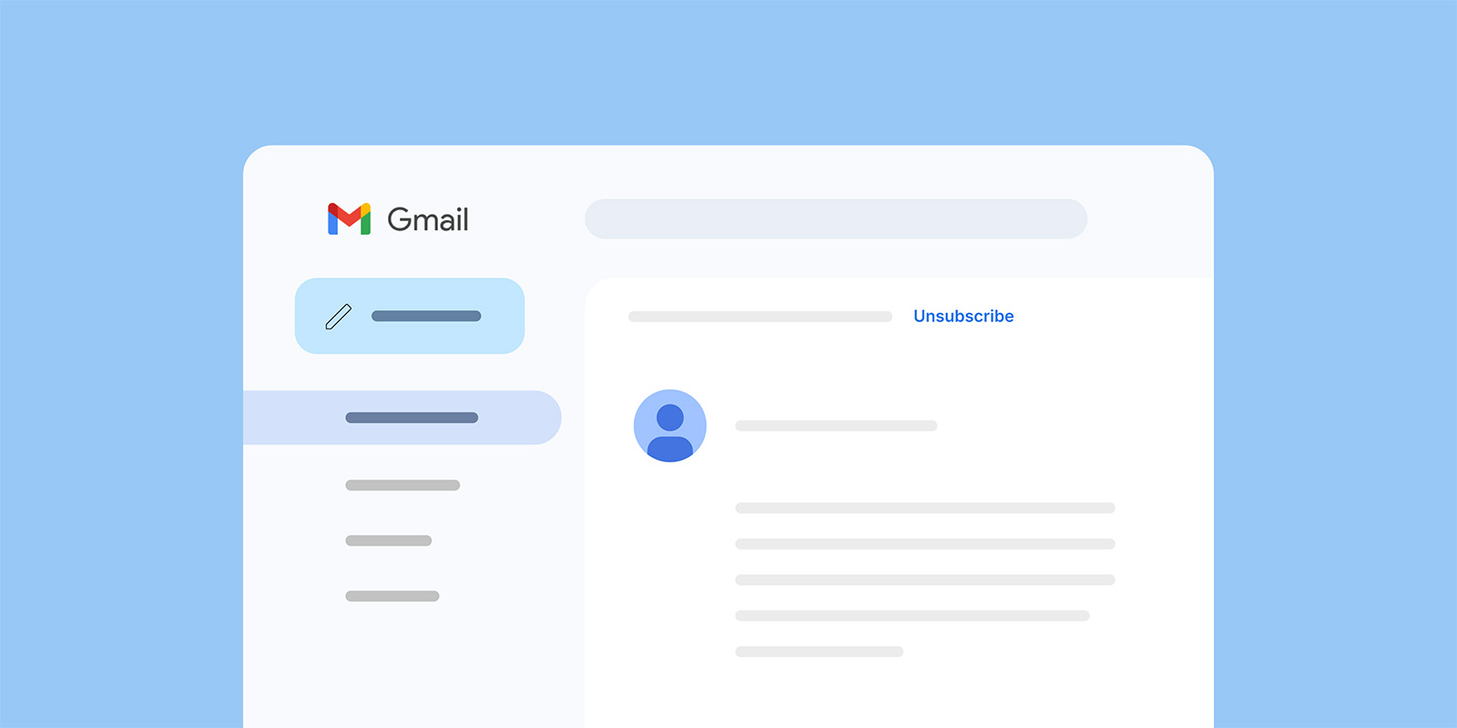 Gmail inbox interface showing an open email with an unsubscribe link visible in the header