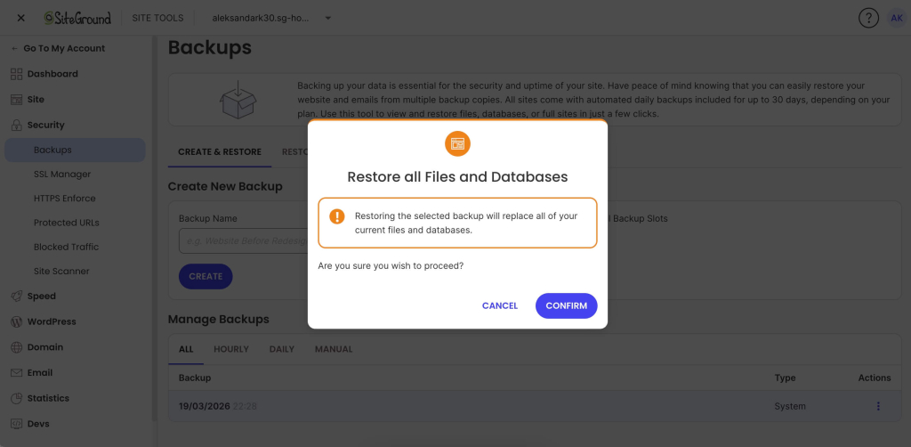 Confirmation dialog warning that restoring a backup will replace all current files and databases, with Cancel and Confirm options.