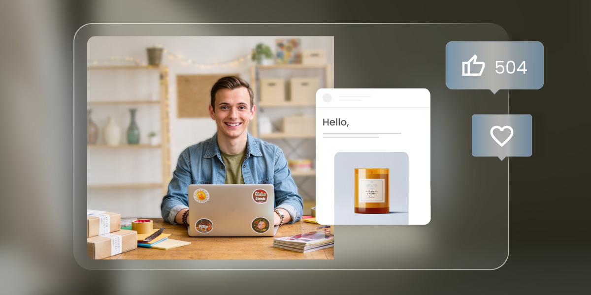 Small business owner working on a laptop with an email campaign and social media engagement notifications