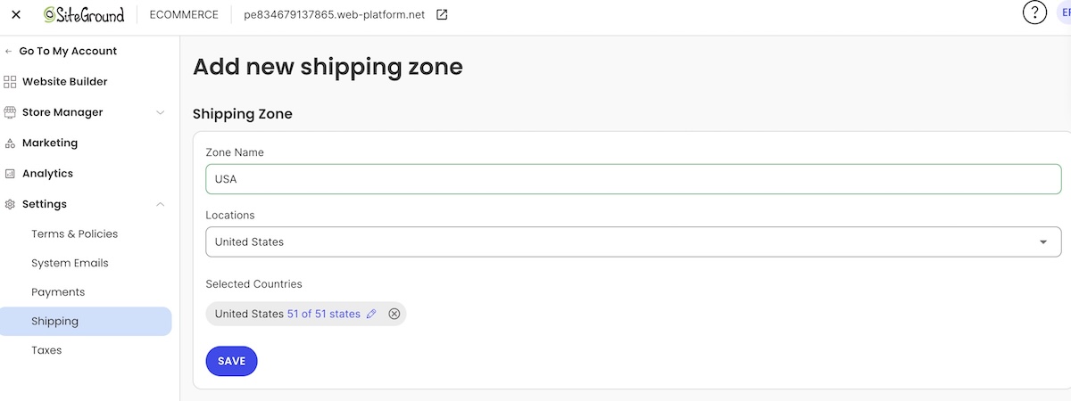 Backend of SiteGround Ecommerce where you can identify different shipping zones