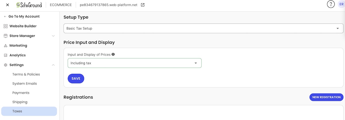 Backend of SiteGround Ecommerce where you can set up taxes