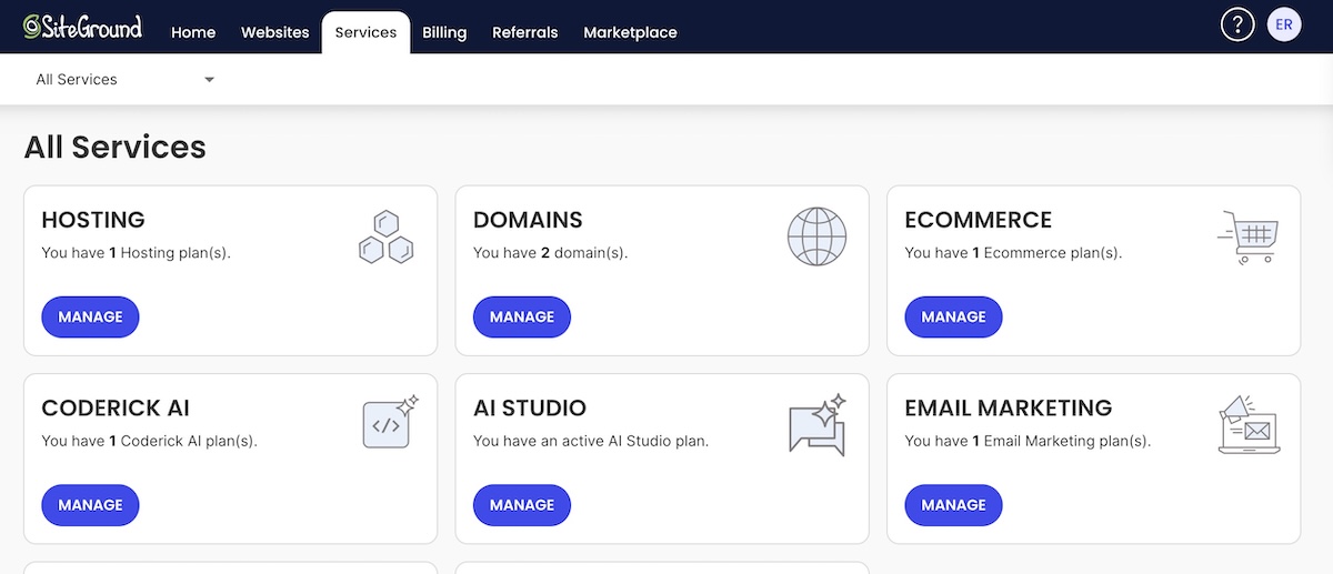 Backend of SiteGround user account and the different services available