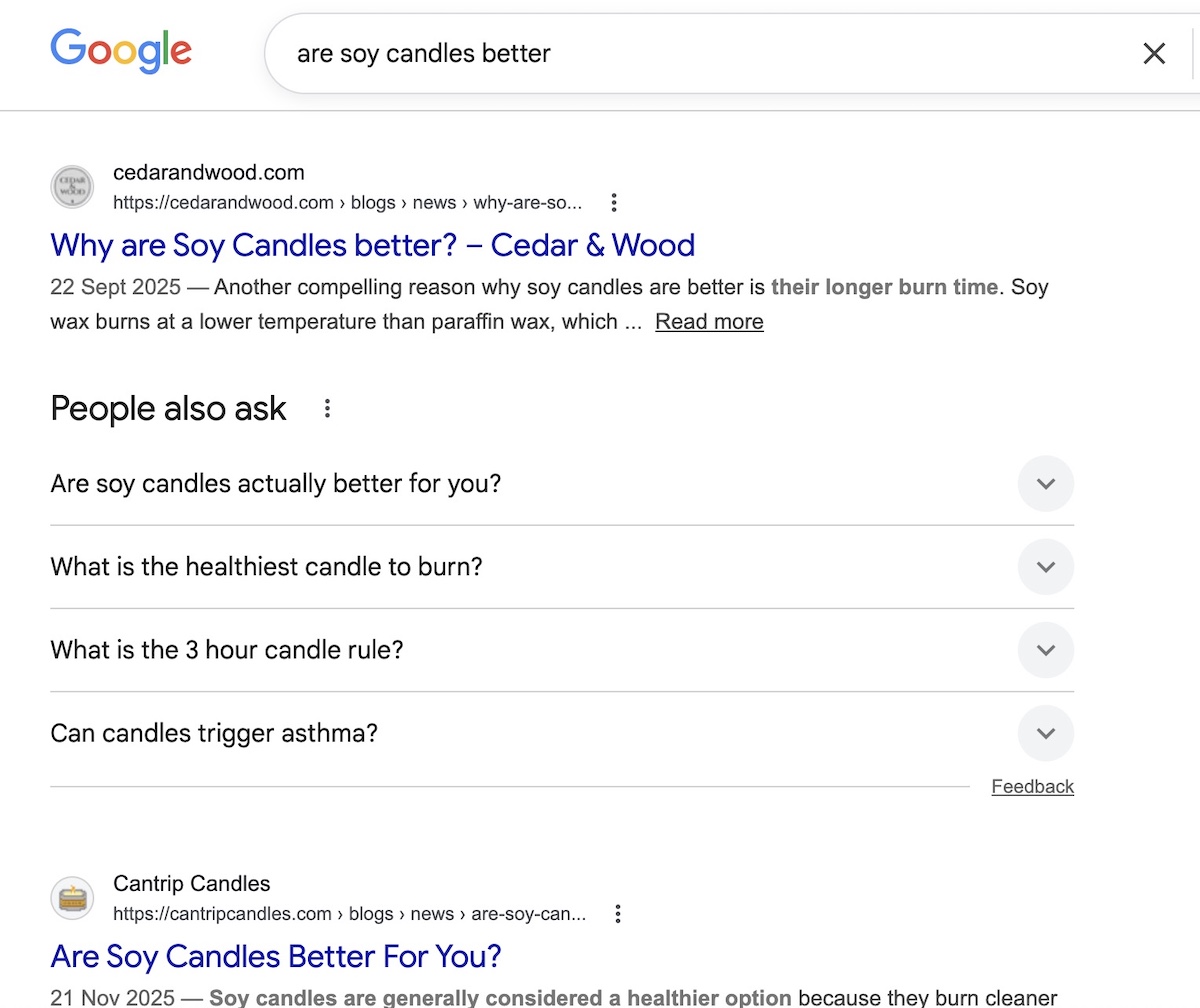 Example of a Google search showing People Also Ask questions