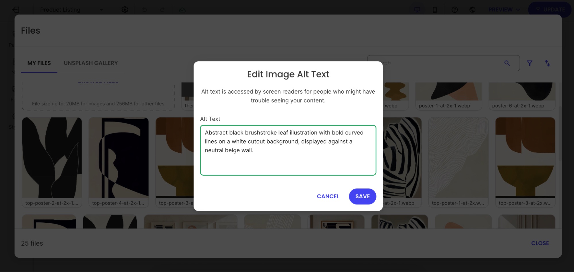 Example of the the SiteGround Website Builder prompting you to add image alt text