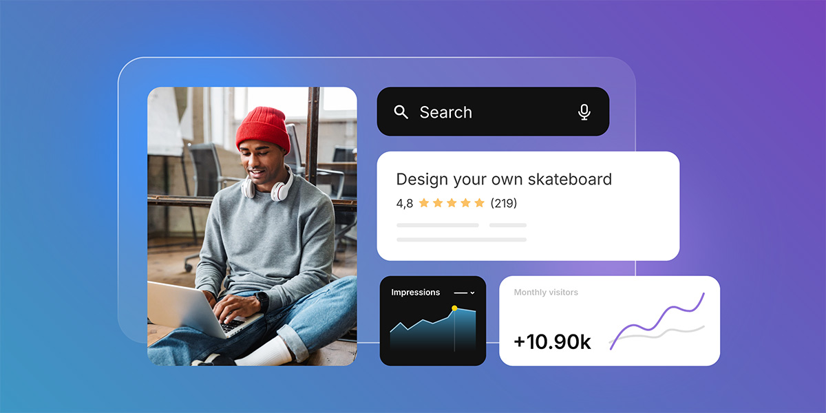 Person working on laptop surrounded by search result, impressions graph, and monthly visitors metric showing +10.90k growth