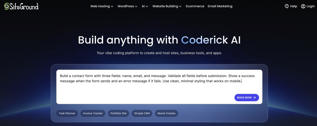 SiteGround Coderick AI homepage with a prompt input field and quick-start options for building sites, tools, and apps