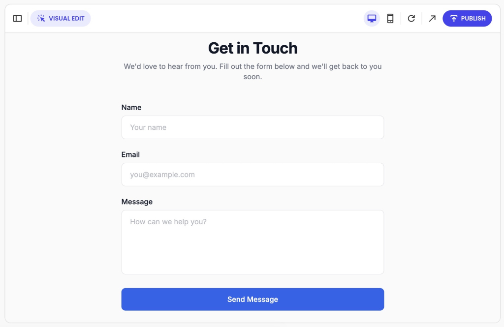 A contact form with name, email, and message fields shown in the SiteGround Coderick AI visual editor