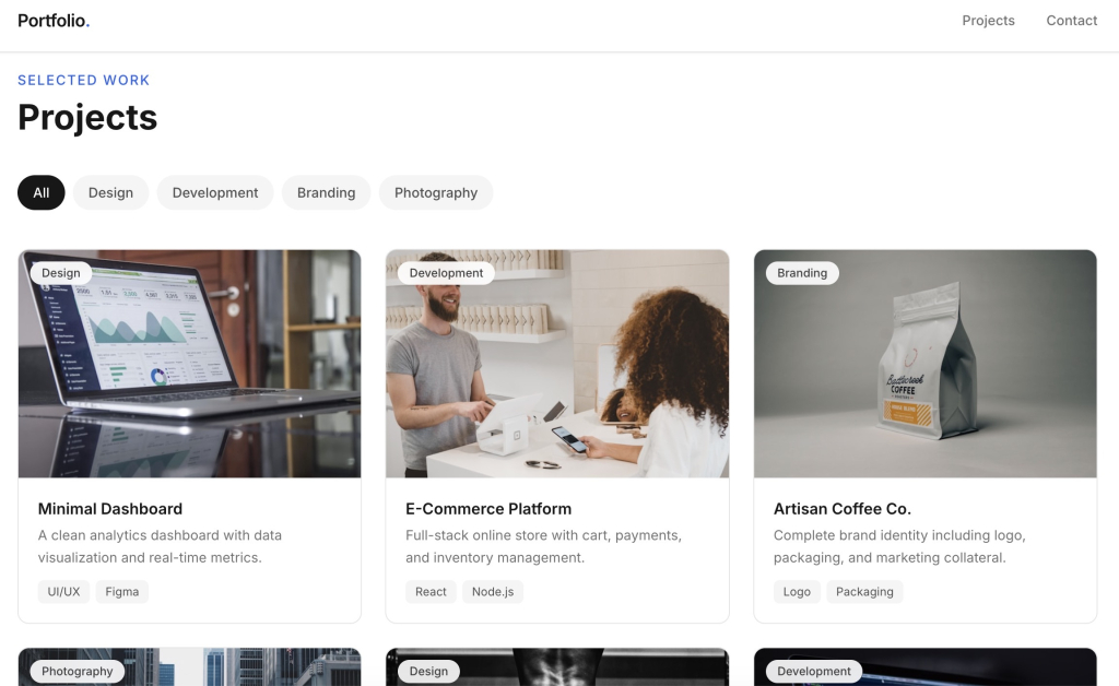 A portfolio website projects page with filterable categories and project cards for design, development, and branding work, built with SiteGround Coderick AI