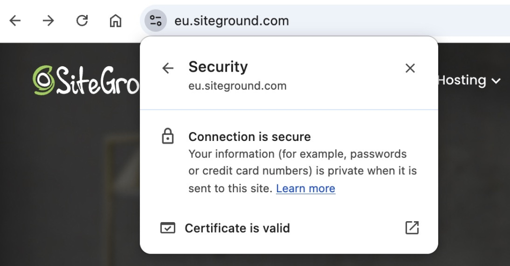 Chrome browser security panel for eu.siteground.com showing a secure connection and valid SSL certificate