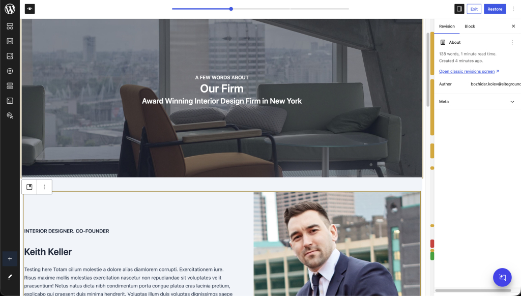 A screenshot of a website editor showing an "About Us" page for an interior design firm, featuring a hero section with a city view and a section introducing a co-founder with a headshot and biography.