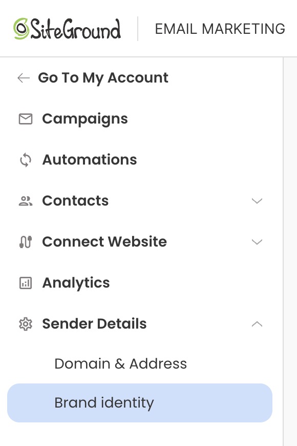 SiteGround Email Marketing sidebar menu showing Campaigns, Automations, Contacts, Analytics, and Sender Details with Brand identity selected