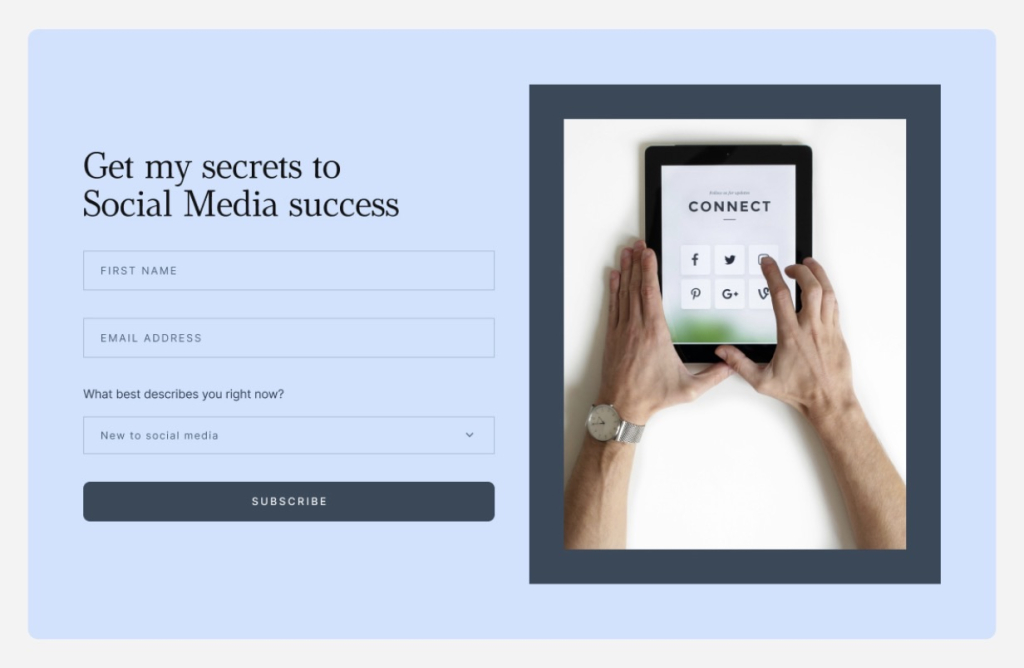 Email subscription form with first name, email address, and audience type fields, promoting a social media tips newsletter