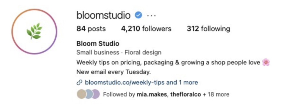 Instagram business profile for Bloom Studio with a bio linking to a weekly email newsletter on pricing and packaging