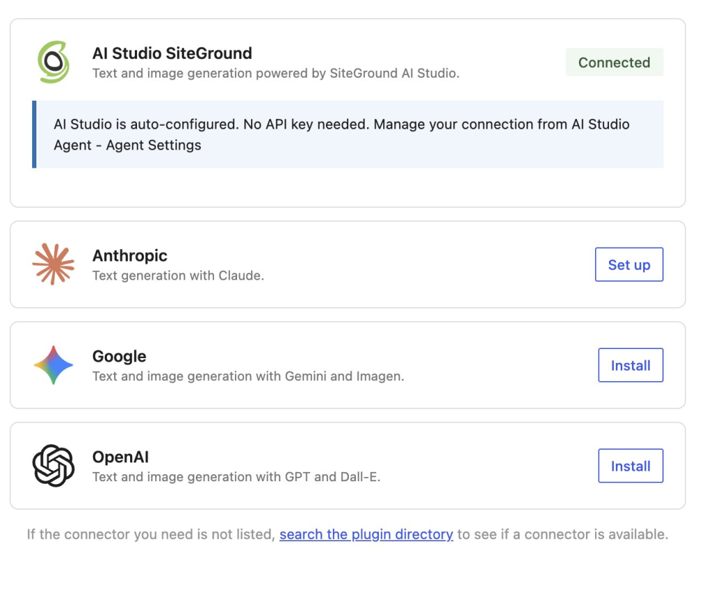 A WordPress dashboard settings page titled "Connectors," showing integration options for various AI services including AI Studio SiteGround (connected), Anthropic, Google, and OpenAI, allowing users to configure API keys and credentials.