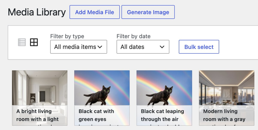 A screenshot of the WordPress Media Library interface showing a grid of uploaded images, including a golden retriever, a stylized cat, and various logos, with prominent buttons for "Add Media File" and "Generate Image" at the top.