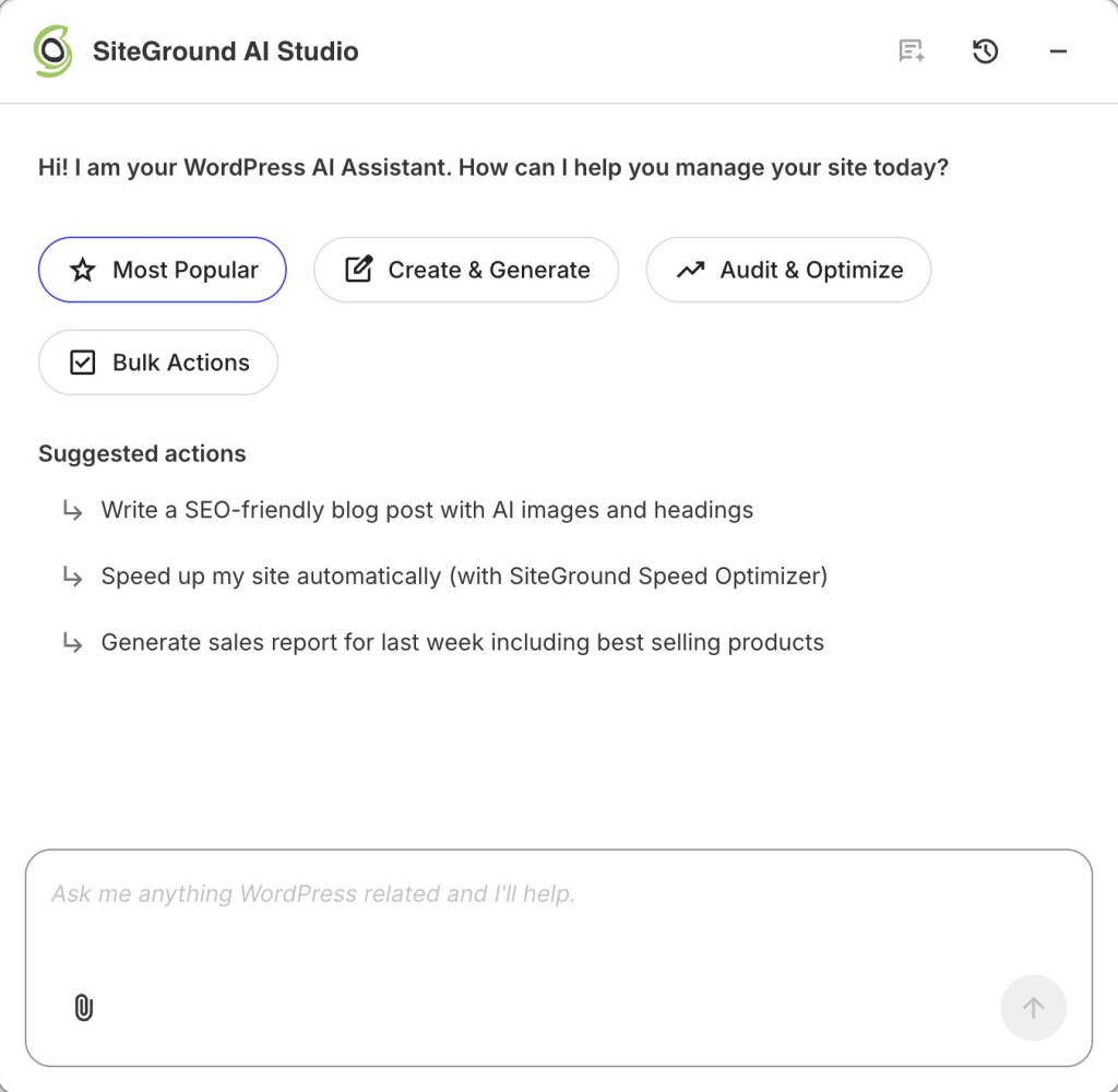 A screenshot of a custom WordPress dashboard featuring a prominent notification banner for updates and a "Manage Your Website" section with quick-action cards for an "AI Agent for WordPress," "View Site," and "Manage Pages."