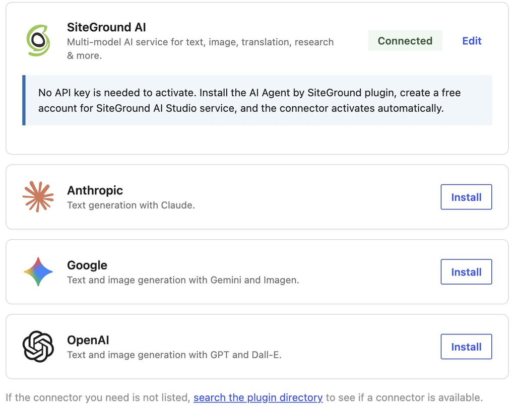 Screenshot of an AI connector dashboard showing SiteGround AI connected and options to install Anthropic, Google, and OpenAI.   