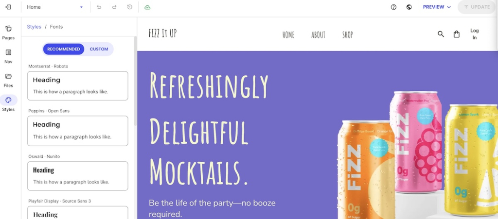 SiteGround Ecommerce site editor where you can choose between recommended font pairings