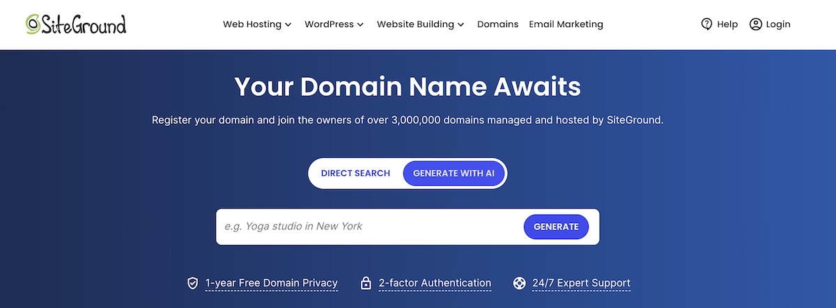 SiteGround domain name generator in action allowing you to find a domain with AI