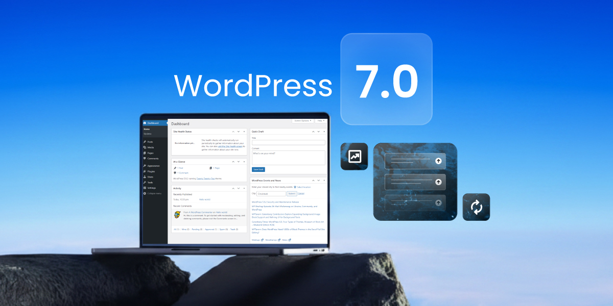 A promotional graphic for "WordPress 7.0" featuring a laptop displaying the WordPress dashboard against a blue sky background, with floating UI icons and an update symbol.