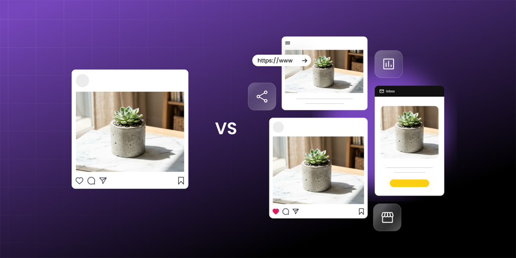 A graphic on a purple grid background with the text 'VS' compares a single social media post to a group of multiple connected digital interfaces, which include a website, social posts, an email inbox, and a shop, suggesting an ecosystem.