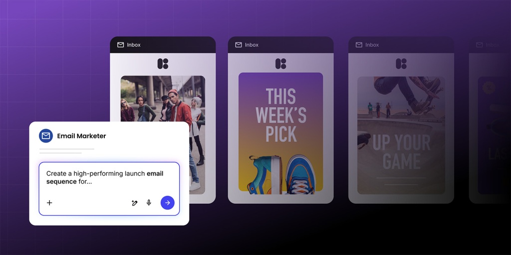 A marketing graphic displaying a sequence of example email marketing panels, each with a different theme (e.g., fashion, product feature, lifestyle), and a prominent AI chat interface labeled 'Email Marketer' displaying the prompt: 'Create a high-performing launch email sequence for...', illustrating an automated creation workflow.