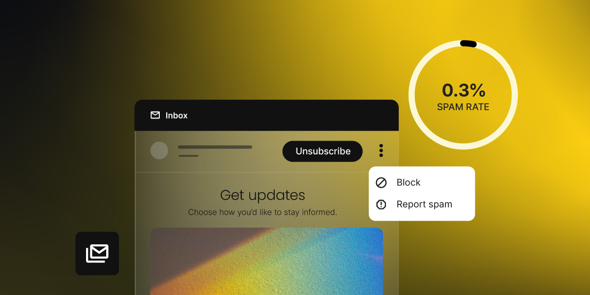 Email inbox interface showing an unsubscribe option, block and report spam menu, and a 0.3% spam rate indicator