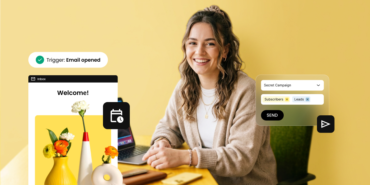 Smiling woman at a desk with a laptop, surrounded by UI elements showing an email automation flow trigger, a welcome email, and a campaign send interface
