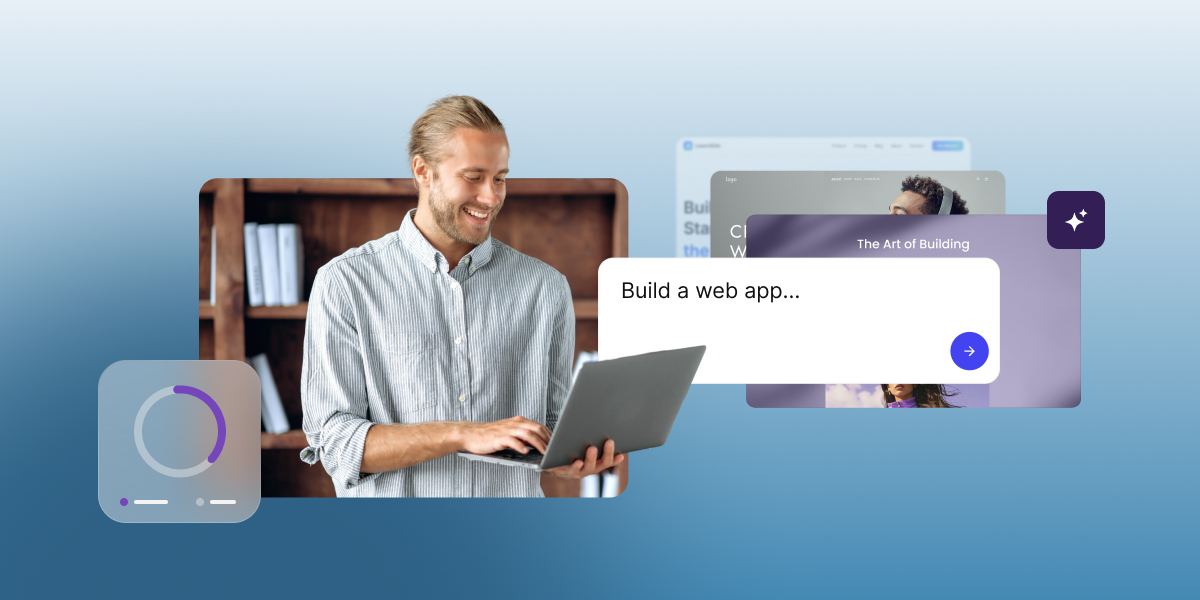 A person smiling while working on a laptop, with a Coderick AI prompt interface open showing the text "Build a web app..."