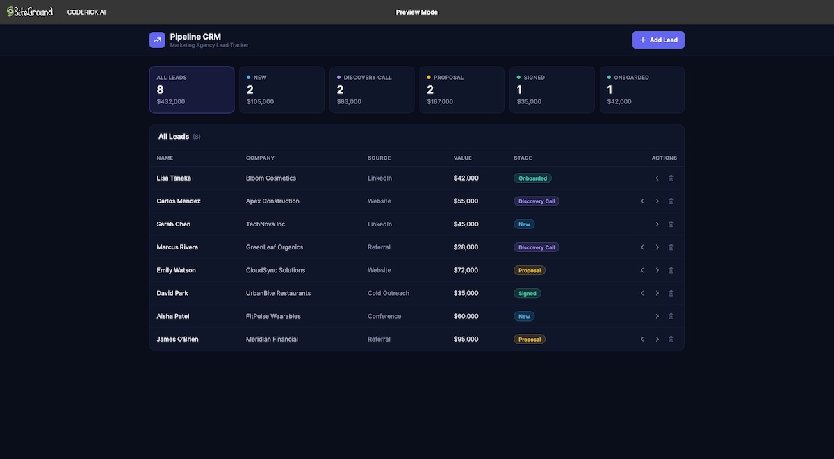 CRM web app example vibe code created by Coderick AI