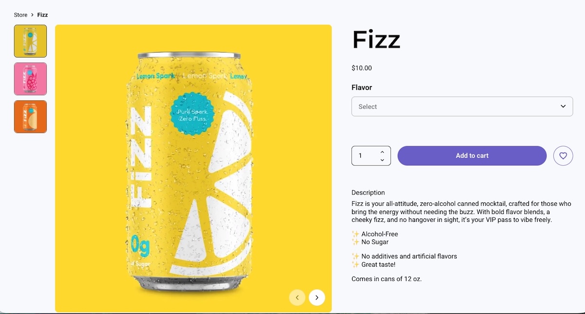 Example of a product page with an image title description and CTA