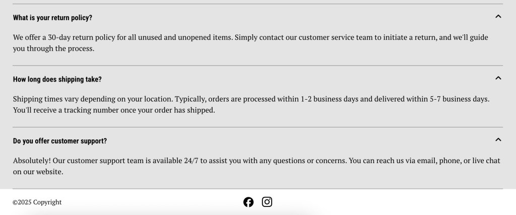 Example of FAQs on a product detail page