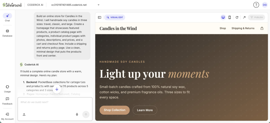 Screenshot of the Coderick AI interface showing a prompt chat on the left and a live web preview of an online candle store on the right.   