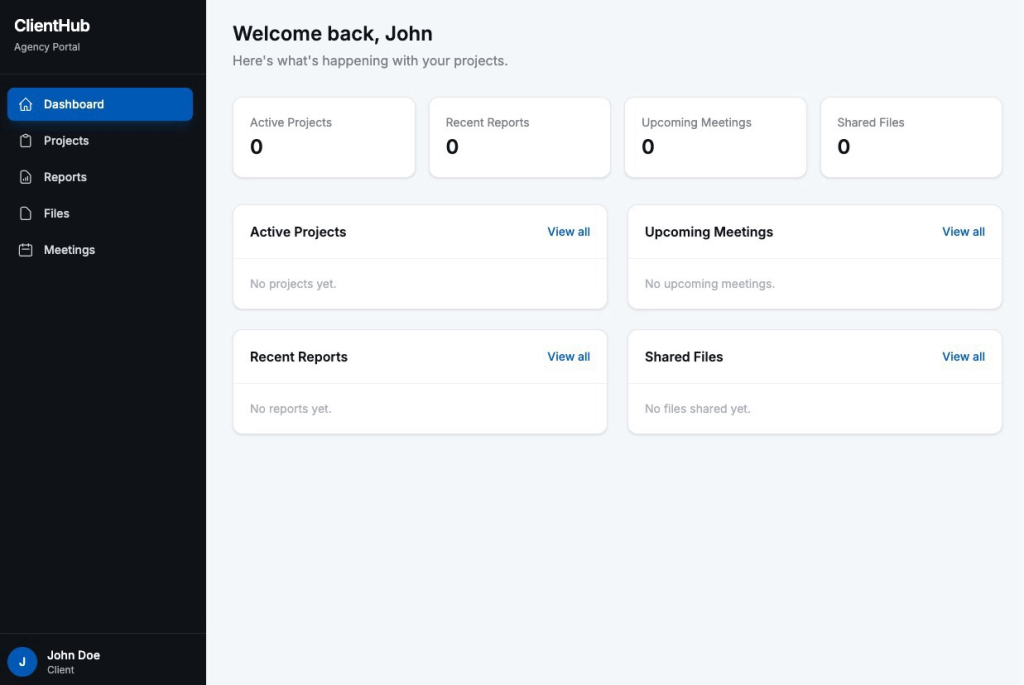A client portal web app called ClientHub showing a dashboard with counters for Active Projects, Recent Reports, Upcoming Meetings, and Shared Files — an example of how to build a web app for agencies using Coderick AI