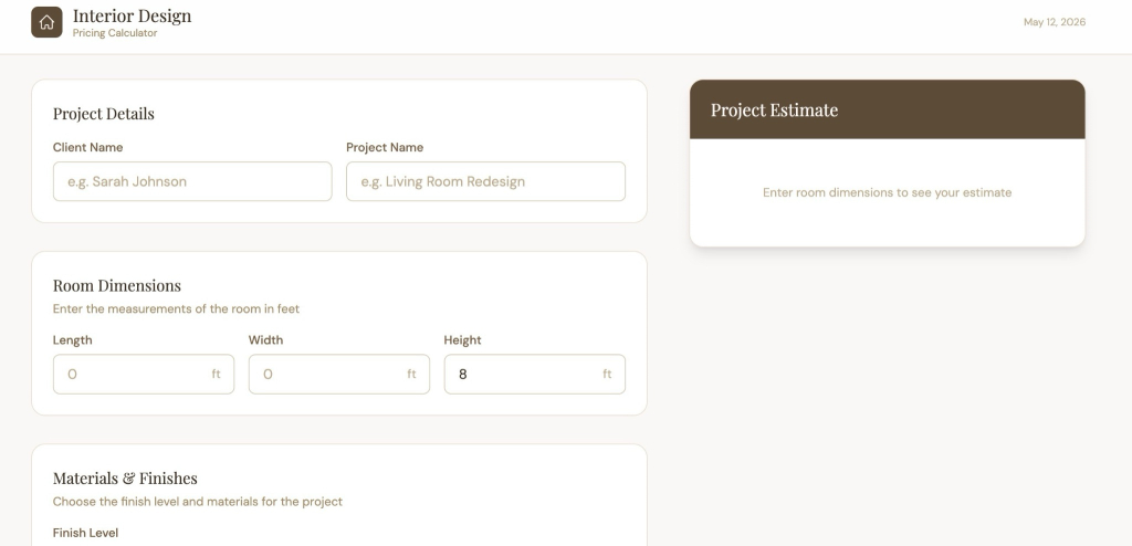 An interior design pricing calculator web app with fields for client name, project name, room dimensions, and materials and finishes, with a Project Estimate panel on the right — built with Coderick AI