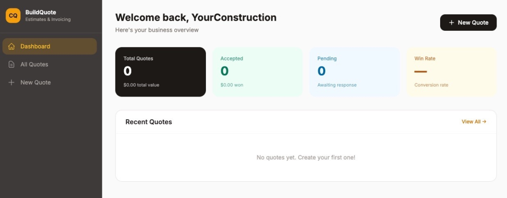A construction business web app called BuildQuote showing a dashboard with Total Quotes, Accepted, Pending, and Win Rate metrics alongside a Recent Quotes section — built with Coderick AI
