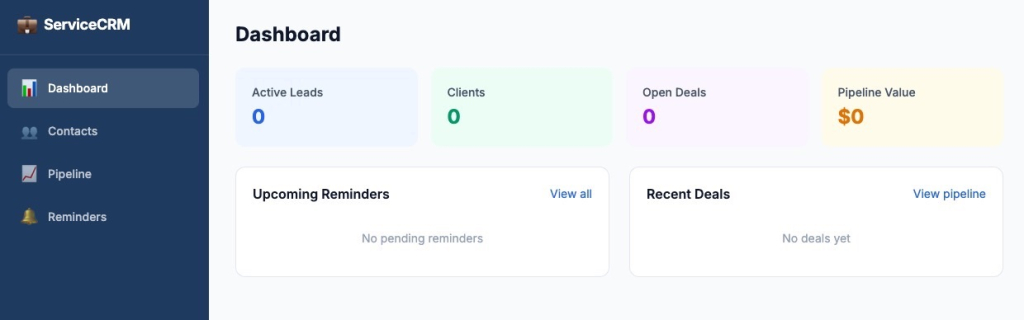 A CRM web app called ServiceCRM showing a dashboard with metrics for Active Leads, Clients, Open Deals, and Pipeline Value, plus sections for Upcoming Reminders and Recent Deals — built with Coderick AI