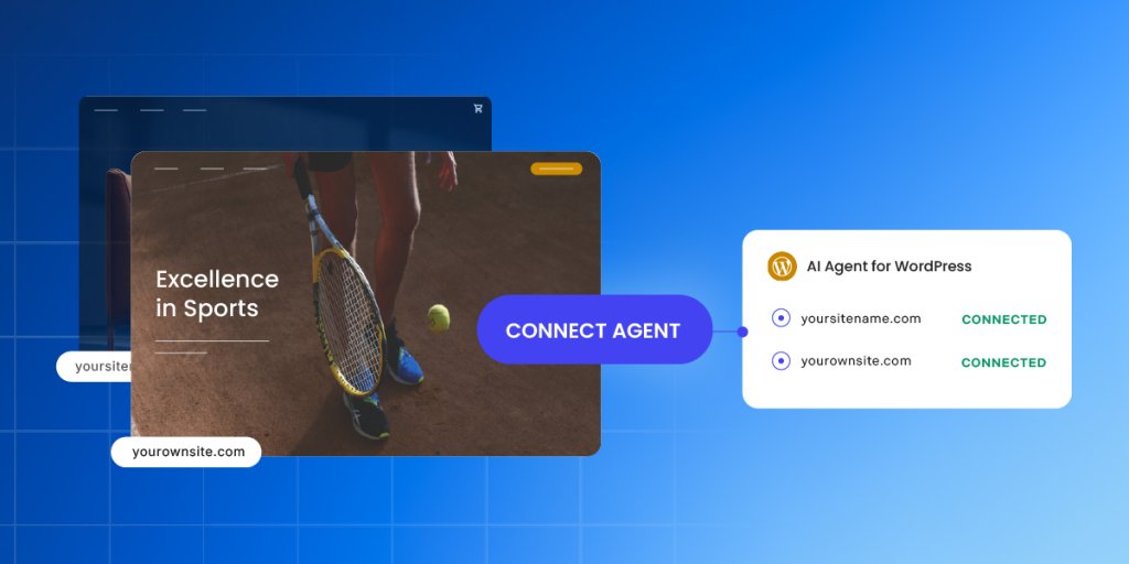 SiteGround AI Agent for WordPress connection panel showing two websites marked as connected, next to a sports website with a tennis player hero image