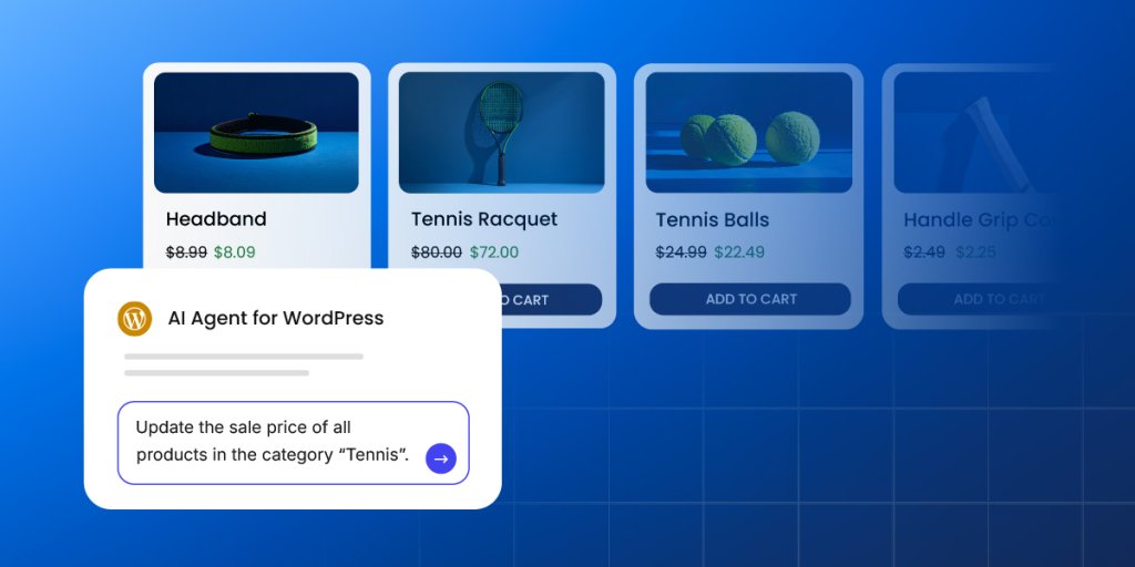 SiteGround AI Agent for WordPress chat interface with a prompt to update sale prices for all products in the Tennis category, with a WooCommerce product grid showing discounted tennis equipment in the background